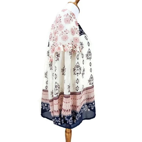 Vince Camuto Beige Cream Boho Paisley Semi Sheer Tie V-Neck Blouse SZ M - Picture 6 of 15